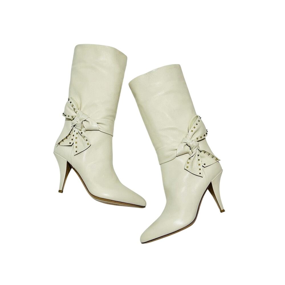 NIB Valentino Garavani Rockstud Bow 39.5 US 9.5 Mid Boots Off White Ivory $1,900